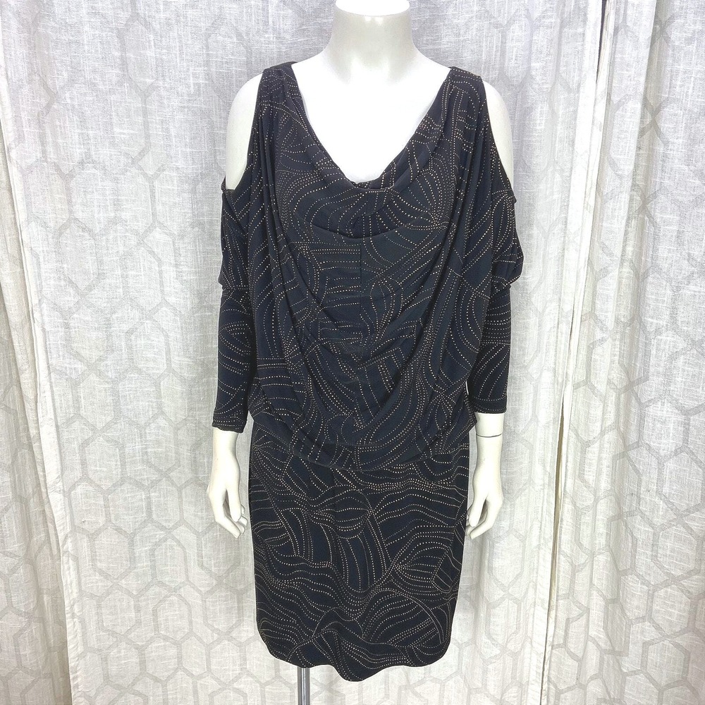 David Meister Jersey Knit Dress Size‎ 6 Black Gold Batwing Cowl Draped LBD